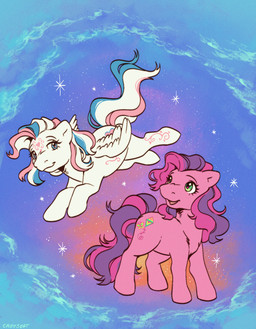 black_eyebrows blue_clouds blue_eyes blue_sky closed_smile cloud cutie_mark duo eye_contact eyebrows eyelashes facial_markings feathered_wings feathers female feral flying fur green_eyes head_markings heart_(marking) hooves leg_markings long_mane long_tail looking_at_another mane markings mouth_closed multicolored_mane multicolored_tail open_mouth open_smile outside pink_body pink_feathers pink_fur pink_markings pink_tail pink_tongue purple_mane purple_tail quadruped sky smile smiling_at_another smiling_at_each_other star starry_sky tail tongue two_tone_mane two_tone_tail unguligrade wavy_tail white_hooves white_mane white_tail white_wings wings cabysoft hasbro mlp_g3 my_little_pony my_little_pony_(2003) mythology sky_wishes star_catcher_(pre-g4) earth_pony equid equine horse mammal mythological_creature mythological_equine pegasus pony 2021 colored digital_drawing_(artwork) digital_media_(artwork) english_description hi_res shaded