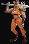 4_toes 5_fingers abs anthro barefoot baseball_bat bat_(object) black_background bone bottomwear bra breasts brown_body brown_fur brown_spots clothing collar cuff_(restraint) digitigrade feet female fingers fur hair holding_baseball_bat markings muscular muscular_anthro muscular_female navel open_mouth orange_clothing orange_eyes pants pink_hair prison_uniform prisoner restraints science_fiction shackles simple_background skull solo sports_bra spots spotted_body spotted_fur tan_body tan_fur toes torn_clothing underwear weapon occultgay hyena mammal