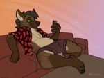 anthro bulge chest_tuft claws clothing electronics foot_on_table furniture holding_object holding_phone male phone reclining smile sofa solo table tuft cynicalstarr hyena mammal 4:3 hi_res