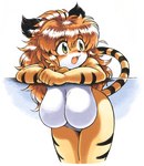 2015 5_fingers anthro bent_over big_breasts black_stripes blush breasts cute_fangs featureless_breasts felid female female_anthro fingers fist fur green_eyes hair hanging_breasts hi_res kemono long_hair looking_away mammal multicolored_body multicolored_fur open_mouth open_smile orange_body orange_fur orange_hair oyatsu pantherine simple_background smile solo stripes tiger two_tone_body two_tone_fur white_background