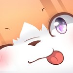 anthro black_nose blep blush close-up fur looking_at_viewer male one_eye_closed orange_body orange_fur purple_eyes smile solo tongue tongue_out white_body white_fur kimacats kima_(kimacats) domestic_cat felid feline felis mammal 1:1 2017