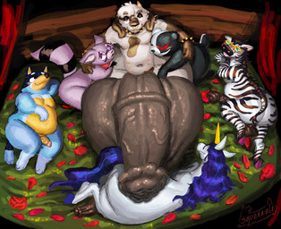 animal_genitalia animal_penis anthro arms_around_shoulders balls bed belly_nipples big_balls big_butt big_penis black_penis blue_body blue_fur blush bracelet butt collar ear_piercing equine_genitalia equine_penis eyewear facial_piercing floppy_ears fur furniture genitals grey_penis group group_sex hair horn huge_balls huge_penis humanoid_genitalia humanoid_penis hyper hyper_genitalia hyper_penis jewelry kerchief looking_at_another looking_at_viewer lying male male/male mane nipple_piercing nipples nose_piercing nose_ring nude on_back on_side orgy overweight overweight_male penis petals piercing purple_hair ring_piercing rose_petals septum_piercing septum_ring sex spiked_bracelet spiked_collar spikes striped_body striped_fur stripes sunglasses tan_body tan_fur squeeezle bluey_(series) danganronpa electronic_arts indigo_park mythology peggle popcap_games spike_chunsoft zebra_cakes bandit_heeler bjorn_(peggle) monokuma rambley_raccoon zebra_cake australian_cattle_dog bear bovid canid canine canis caprine cattledog domestic_dog equid equine goat herding_dog mammal mythological_creature mythological_equine pastoral_dog procyonid raccoon unicorn zebra hi_res