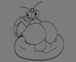 antennae_(anatomy) anthro balls bean_bag big_balls big_butt bouncing_balls bubble_butt butt claws clothing fishnet_clothing fishnet_legwear flower_on_head genitals grey_background huge_balls huge_butt legwear male rear_view simple_background sitting solo nauiho arthropod insect mantis 2d_animation animated digital_drawing_(artwork) digital_media_(artwork) low_res monochrome short_playtime