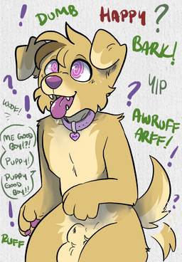 anthro arf barking bdsm bodily_fluids collar control_collar drooling femboy floppy_ears fur hypnosis intelligence_loss kneeling male mind_control open_mouth pawpads petplay pink_nose pink_pawpads pink_tongue puppyplay roleplay saliva solo spiral spiral_eyes submissive submissive_male tail tail_motion tailwag text tongue tongue_out yellow_body yellow_fur synthet1c jack_(synthet1c) bird_dog canid canine canis domestic_dog golden_retriever hunting_dog mammal retriever english_text hi_res