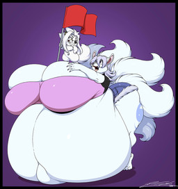 anthro belly big_belly big_breasts blue_hair bottomwear breasts clothing crop_top duo female flag fur hair hotpants huge_belly huge_breasts hyper hyper_belly hyper_breasts hyper_pregnancy larger_female male markings multi_tail navel open_mouth outie_navel pregnant pregnant_anthro pregnant_female shirt shorts size_difference smaller_male tail teeth thick_thighs topwear white_body white_fur deonwolf deon_(deonwolf) lokutofox canid canine canis fox mammal wolf 2022 digital_media_(artwork) hi_res