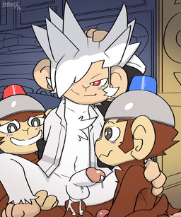 anal anal_penetration anthro armor balls blush bodily_fluids bottomless chest_tuft clothed clothing cum cum_in_ass cum_inside erection fur genital_fluids genitals group group_sex hat hat_only headgear headgear_only headwear headwear_only helmet humanoid_genitalia humanoid_penis inside male male/male mostly_nude mostly_nude_male navel on_bottom on_top open_clothing open_shirt open_topwear penetration penis precum red_eyes reverse_cowgirl_position sex shirt shirt_only smile threesome topwear topwear_only trio tuft white_body white_fur mousesix ape_escape sony_corporation sony_interactive_entertainment specter_(ape_escape) yellow_pipo_monkey haplorhine mammal monkey primate 2026 5:6 colored digital_drawing_(artwork) digital_media_(artwork) hi_res