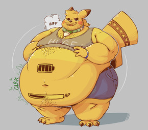 anthro belly belly_tattoo belt big_belly big_moobs bloated blonde_hair blue_bottomwear blue_clothing blue_shorts bottomwear bracelet breath clothing ear_piercing facial_hair fur grey_clothing grey_shirt grey_tank_top grey_topwear hair hand_on_belly hotpants huge_belly jewelry lidded_eyes love_handles male moobs navel necklace nipple_outline obese obese_anthro obese_male onomatopoeia overweight overweight_anthro overweight_male piercing ponytail red_cheeks rumbling_stomach shirt shorts sloshing_belly small_clothing solo sound_effects standing tail_tattoo tank_top tattoo text text_on_clothing text_on_shirt text_on_topwear tight_clothing topwear weight_gain yellow_body yellow_fur eyeseedee nintendo pokemon generation_1_pokemon pikachu pokemon_(species)