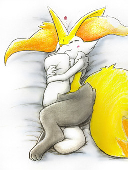 ambiguous_gender anthro bed blush blush_lines body_pillow butt eyes_closed flower_symbol fur furniture grey_body grey_fur hug inner_ear_fluff multicolored_body on_bed orange_body orange_fur paws pillow solo tail tuft white_body white_fur yellow_body yellow_fur eiroru nintendo pokemon braixen canid canine generation_6_pokemon mammal pokemon_(species) 2026 3:4 graphite_(artwork) hi_res traditional_media_(artwork)