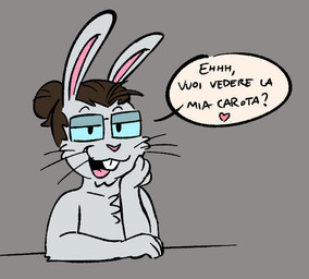 anthro bedroom_eyes brown_hair buckteeth dialogue eyewear flirting fur glasses hair hair_bun hand_on_chin heart_symbol looking_at_viewer male narrowed_eyes open_mouth pink_nose pink_tongue seductive simple_background solo speech_bubble teeth text tongue whiskers white_body white_fur fudatsu lagomorph leporid mammal rabbit italian_text translated