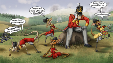 anthro black_clothing black_hat black_headwear clothing coat day detailed_background dialogue drum frustrated group gun hat headgear headwear holding_gun holding_object holding_ranged_weapon holding_rifle holding_weapon male military_uniform musical_instrument outside percussion_instrument playing_music ranged_weapon red_clothing red_coat red_topwear rifle rock sitting smile text topwear uniform weapon valsalia out-of-placers human mammal yinglet 2015 english_text story story_in_description