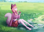 accessory anthro barefoot beanie bottomwear breeze building chest_tuft clip_accessory clothing cloud countryside crop_top detailed_background digitigrade eyelashes eyes_closed feet female field field_background fingerless_gloves flower gloves grass grass_field grin hair hair_accessory hairclip handwear hat headgear headwear highlights_(coloring) house jewelry long_sleeves nature navel necklace orange_hair pathway pattern_clothing plant pleated_skirt purple_body raised_hand relaxing rock scenery shirt shoeless shorts sitting sitting_on_grass sitting_on_ground skirt sky slim smile solo spandex spandex_shorts striped_clothing stripes tail tight_bottomwear tight_clothing tight_shorts topwear tree tuft twintails_(hairstyle) mendalina korinna_(dangerdash05) canid canine fox mammal absurd_res hi_res