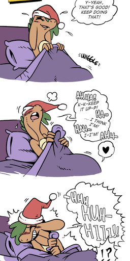 anthro bed blush clothing cunnilingus duo exclamation_point eyes_closed female furniture hat head_in_crotch headgear headwear heart_symbol holidays human_on_anthro interrobang interspecies laugh nude offscreen_character on_bed oral orange_body orange_scales orgasm orgasm_face pillow question_mark scales sex solo_focus sucked_silly teeth under_covers vaginal shyguy9 christmas mythology ginger_(shyguy9) guy_(shyguy9) dragon human mammal mythological_creature mythological_scalie scalie comic digital_media_(artwork) hi_res