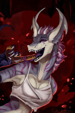 anthro blood bloodied_background bodily_fluids claws clothing female forked_tongue grin gun gun_in_mouth hair horn licking_gun looking_at_viewer object_in_mouth open_mouth purple_eyes purple_hair purple_stripes ranged_weapon shirt smile solo stripes tank_top teeth tongue topwear weapon weapon_in_mouth tsunekitsune hum_(biers) kobold scalie