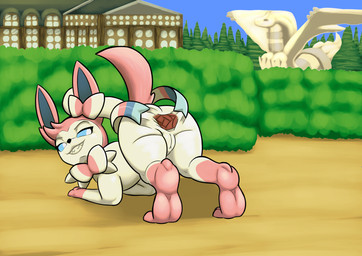 anus ass_up big_butt blue_sclera butt female fur gaping gaping_anus genitals half-closed_eyes looking_back narrowed_eyes pink_body pink_fur pupils raised_tail rear_view sculpture sharp_teeth smile smirk solo spread_anus spreading statue tail teeth thick_thighs vulva white_pupils poisonsneksoffie nintendo pokemon eeveelution generation_5_pokemon generation_6_pokemon legendary_pokemon pokemon_(species) reshiram sylveon hi_res
