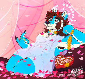 anthro belly box_of_chocolates candy chocolate clothing dessert food holidays male petals rose_petals solo translucent translucent_clothing mrdarknesswolf valentine's_day mrdarknesswolf_(character) hi_res