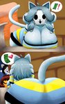 anthro big_butt breasts butt cleavage clothed clothing exclamation_point female fur grey_hair hair heart_symbol looking_at_viewer open_mouth open_smile rear_view smile thick_thighs white_body white_fur wide_hips whitewo1f undertale undertale_(series) bob_(undertale) frisk_(undertale) temmie_(undertale) human mammal tem 5:8 absurd_res hi_res