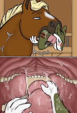 anthro blue_eyes blush bodily_fluids body_in_mouth duo excessive_saliva face_lick feet_first feral feral_pred first_person_view hand_in_mouth hand_on_tongue hands_in_mouth in_mouth inside_mouth internal larger_feral licking licking_body male male/male mawplay neck_bulge oral_vore partially_inside reverse_mouth_shot saliva size_difference smaller_anthro swallowing tongue vore willing_prey hgythshs lavothesergal ranger_(lavothesergal) equid equine horse mammal sergal absurd_res comic hi_res