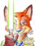 4_fingers anthro brown_body brown_fur clothed clothing dipstick_ears ear_markings fingers front_view fur glowing green_eyes green_lightsaber holding_object holding_weapon lightsaber looking_at_viewer male melee_weapon multicolored_ears necktie orange_body orange_fur parody shirt simple_background smile solo topwear weapon white_background penmark disney star_wars zootopia nick_wilde canid canine fox mammal red_fox true_fox 2016 bust_portrait hi_res portrait