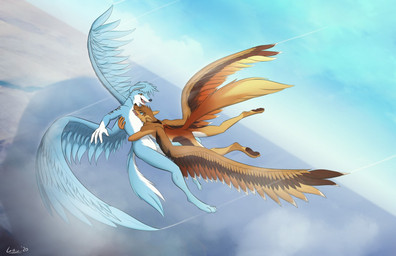 anthro blue_body blue_eyes blue_fur brown_body brown_eyes brown_fur cloud duo eye_contact falling floppy_ears fur fur_markings happy head_on_chest hug looking_at_another male markings sky spread_wings white_body white_fur wings giru_(artist) zen_(gheist) canid mammal character_request