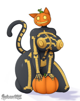 anthro big_breasts breast_squish breasts female food for_a_head front_view fruit genitals nipples nude plant pumpkin pumpkin_head simple_background solo squish thick_thighs vulva wide_hips lykan284 epic_games fortnite spice_(fortnite) felid feline mammal object_head full-length_portrait hi_res portrait