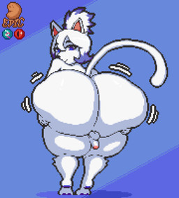 anthro balls big_butt butt femboy fur genitals hair hand_on_butt hand_on_own_butt huge_butt hyper hyper_butt logo looking_at_viewer looking_back looking_back_at_viewer male male_anthro nude nude_anthro nude_male penis ponytail presenting presenting_hindquarters self_grope small_balls small_penis smile solo thick_thighs white_body white_fur white_hair epicpotatolord ahju_(character) felid feline mammal artist_logo digital_drawing_(artwork) digital_media_(artwork)
