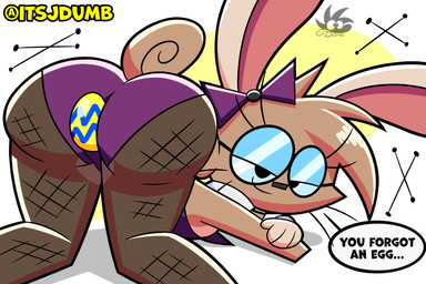 anthro black_eyes bow_ribbon breasts brown_body brown_fur butt clothed clothing collar dialogue easter_egg egg egg_in_ass eyewear female fishnet_clothing fishnet_legwear fur glasses holidays kneeling legwear leotard looking_at_viewer medium_breasts simple_background smile solo tail text wearing_glasses jdone easter sarena_(jdone) lagomorph leporid mammal rabbit 2026 digital_media_(artwork) english_text hi_res