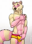 5_fingers abs anthro balls_outline black_nose briefs bulge claws clothing detailed_bulge fingers fluffy fur genital_outline hand_on_chest inner_ear_fluff male multicolored_body multicolored_fur navel one_eye_closed red_eyes simple_background smile solo standing suggestive teasing tongue tongue_out tuft underwear whiskers white_background wink tsaiwolf saki_(saki) mammal procyonid raccoon 2016 3:4 hi_res signature