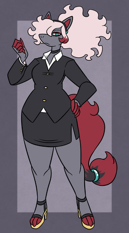 accessory anthro blue_eyes choker clothing collared_shirt curly_hair female fluffy fluffy_tail footwear formal_wear furgonomics green_eyes hair high_heels jewelry necklace ponytail red_tail ring serious shirt shoes solo tail tail_accessory tail_jewelry tail_ring topwear white_hair nerdyreindeer nintendo pokemon canid canine fox generation_8_pokemon hisuian_form hisuian_zoroark mammal pokemon_(species) regional_form_(pokemon) hi_res