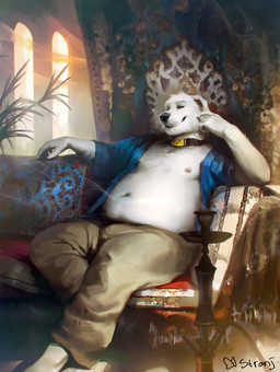 5_fingers anthro areola belly biped blue_clothing blue_shirt blue_topwear bottomwear brown_bottomwear brown_clothing brown_pants clothed clothing collar detailed_background fingers fully_clothed fur furniture hookah looking_at_viewer male navel nipples on_sofa open_clothing open_shirt open_topwear overweight overweight_anthro overweight_male pants shirt sitting sitting_on_sofa sofa solo topwear white_body white_fur civetstranj canid canine canis domestic_dog mammal 2025 hi_res