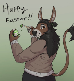 anthro black_bottomwear black_clothing black_hair bottomwear brown_body brown_clothing brown_eyes brown_topwear clothed clothing easter_egg egg grey_body hair holding_egg holding_object holidays long_hair looking_at_viewer male male_anthro smile solo standing tail tail_tuft topwear tuft jezzlen easter chuy_(jezzlen) asinus donkey equid equine mammal hi_res