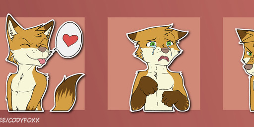 angry blep bodily_fluids crying dipstick_ears ear_markings fur green_eyes happy heart_symbol male multicolored_ears orange_body orange_fur sad speech_bubble sticker tears tongue tongue_out codyf0xx telegram zoro_(zoro) canid canine fox mammal hi_res
