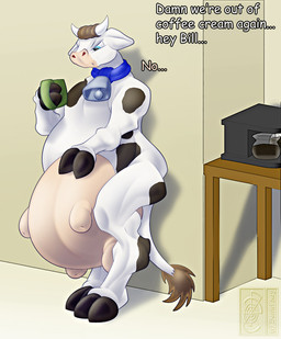 after_transformation annoyed beverage big_udders biped blue_eyes coffee container cowbell cup dialogue featureless_chest flat_chested furniture gender_transformation holding_container holding_cup holding_mug holding_object hooves looking_down male male_udder mug nude solo table tail teats text transformation udders daniel_kay bovid bovine cattle holstein_friesian_cattle mammal 2008 digital_media_(artwork) english_text