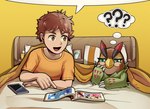 anthro bed bedding bedroom blanket brown_body brown_feathers brown_hair comic_book duo feathers furniture green_eyes hair male reading bandai_namco digimon digimon_survive falcomon_(survive) minoru_hyuga digimon_(species) falcomon human mammal hi_res