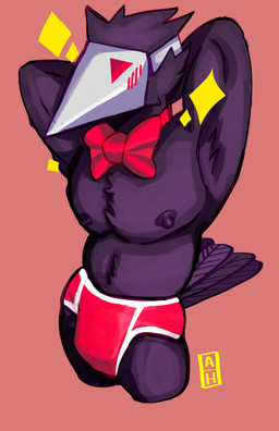anthro barazoku black_body black_fur blush bow_tie bulge clothing fur male mask muscular nipples red_clothing red_underwear solo underwear mushed_apricot deltarune undertale_(series) avian darkner swatchling hi_res
