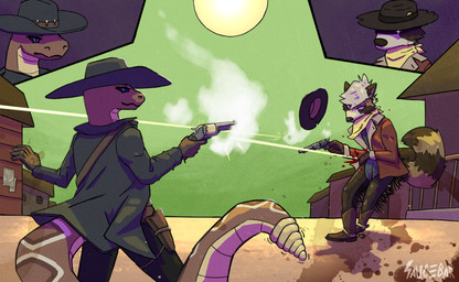 anthro black_sclera blood blood_splatter bodily_fluids boots brown_body brown_fur brown_scales bullet bullet_wound clothing cowboy cowboy_boots cowboy_hat cutaway duel duo footwear fur green_sky gun gunslinger handgun hat headgear headwear holding_object holding_weapon male outlaw ranged_weapon revolver scales shoes shooting sky spurs sun text wanted_poster weapon waschbar morgan_freeman waschbar_(character) mammal pit_viper procyonid raccoon rattlesnake reptile scalie snake viper absurd_res english_text hi_res huge_filesize