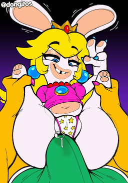 3_toes 4_fingers anthro aroused aroused_smile belly big_butt bodily_fluids buckteeth butt camel_toe clothing colored_nails crown duo ear_piercing ear_ring ear_twitch feet female fingers first_person_view genital_fluids genital_outline genitals gesture hand_gesture headgear imminent_sex larger_male looking_at_genitalia looking_at_penis lustful_gaze male motion_lines nails panties penis piercing precum precum_through_clothing precum_through_underwear ring_piercing size_difference smaller_female spread_legs spreading teeth tenting thick_thighs toes tooth_gap underwear v_sign vulva_outline wet wet_clothing dongitos mario_bros mario_plus_rabbids_kingdom_battle nintendo raving_rabbids rayman_(series) ubisoft gerry_(dongitos) rabbid_peach canid canine canis domestic_dog lagomorph mammal rabbid crossover