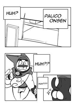 anthro bell bell_collar blush bottomwear butt clothing collar dialogue duo eye_scar facial_scar hot_spring loincloth looking_at_butt male male/male onsen scar speech_bubble text undressing water knightferret capcom monster_hunter felid felyne lynian mammal palico 2021 absurd_res black_and_white comic digital_media_(artwork) english_text hi_res monochrome multiple_scenes
