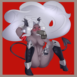 balls black_clothing black_legwear black_tail blush bodily_fluids border clothing crying dark_horn disembodied_penis duo erection fellatio female forced front_view genitals glistening glistening_eyes grey_balls grey_body grey_border grey_hair grey_horn grey_penis grey_sclera grey_skin grey_vulva hair hand_behind_head horn humanoid_genitalia humanoid_vulva legwear long_hair male mostly_nude narrowed_eyes not_furry oral oral_penetration penetration penile penis penis_in_mouth rape red_background saliva saliva_on_penis sex simple_background sitting solo_focus spade_tail spread_legs spreading tail tears vulva white_eyes isyld helltaker judgement_(helltaker) humanoid 2020 dated signature