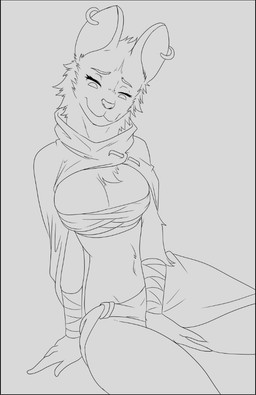 anthro bandage bottomwear breasts cape clothing ear_piercing ear_ring female hooped_ear_ring jewelry midriff piercing ring_piercing skirt solo unknown_artist sang:_the_desert_blade sang_(sang:_the_desert_blade) african_wild_dog canid canine mammal monochrome source_request unavailable_at_source