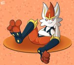 3_toes ambiguous_gender anthro barefoot bite biting_lip feet fur orange_eyes pawpads soles solo toes white_body white_fur weirdofunzone nintendo pokemon cinderace generation_8_pokemon lagomorph leporid mammal pokemon_(species) rabbit 2024 hi_res