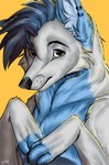 anthro blue_body blue_fur blue_hair blue_paws claws ear_piercing ear_ring fur grey_body grey_fur hair jewelry looking_at_viewer male piercing ring_piercing shy simple_background smile snout solo upper_body white_body white_fur yellow_background unknown_artist unknown_artist_signature doomsmoker canid canine fox mammal 2021 bust_portrait colored digital_media_(artwork) hi_res portrait shaded signature three-quarter_portrait male_(lore)