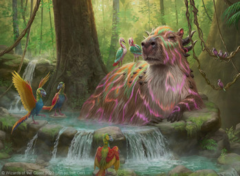 ambiguous_gender bathing beak eyes_closed feathered_wings feathers feet feral forest group horn lake nature nature_background outside plant sculpture sitting size_difference standing statue tail talons toes tree vines water whiskers wings caraid hasbro magic:_the_gathering wizards_of_the_coast avian bird capybara caviid dinosaur feathered_dinosaur feathered_scalie mammal prehistoric_species reptile rodent scalie 2023 digital_media_(artwork) official_art