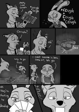 anthro asphyxiation camera choking clothed clothing cough dark dialogue duo dust female long_ears male shocked smile text zalgo_(artist) disney zootopia judy_hopps nick_wilde canid canine fox lagomorph leporid mammal rabbit red_fox true_fox 2016 comic english_text greyscale hi_res monochrome