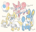 ambiguous_gender blue_body blue_fur duo feral fur group open_mouth open_smile pink_body pink_fur simple_background smile tan_background trio white_body white_fur yellow_body yellow_fur bloowolfy nintendo pokemon valentine_(bloowolfy) eeveelution generation_6_pokemon pokemon_(species) sylveon 2024 hi_res model_sheet trans_(lore) trans_man_(lore)