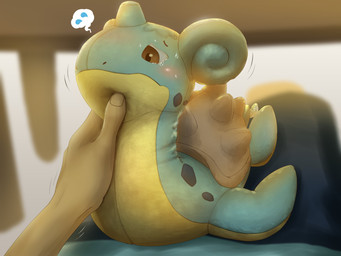 ambiguous_gender blue_body blue_scales blush bodily_fluids clothed clothing crying duo fabric feral flippers frozen_expression furniture hair horn iconography implied_transformation inanimate_transformation on_another plushie plushie_tag plushification scales seam_(sewing) shell simple_background sitting table tan_body tan_scales tears thought_bubble transformation white_background kareha_21909 human mammal 4:3 hi_res