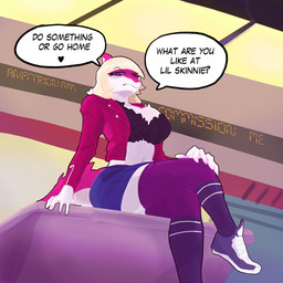annoyed anthro big_breasts black_bra black_clothing black_underwear blonde_hair bottomwear bra breasts clothed clothed_anthro clothed_female clothing cropped_jacket crossed_legs detailed_background dialogue disgust fantasy_slur female fingers footwear hair heart_symbol humanoid_hands jacket knee_highs knee_socks legwear long_hair looking_at_viewer looking_down low-angle_view midriff navel non-mammal_breasts non-mammal_navel open_clothing open_jacket open_topwear pink_body pink_clothing pink_jacket pink_topwear plantigrade pose purple_bottomwear purple_clothing purple_legwear purple_skirt purple_thigh_highs reference_image_at_source shoes sitting skirt socks solo speech_bubble talking_to_viewer taunting text thigh_highs topwear underwear white_body anfitrionaaa cavemanon_studios i_wani_hug_that_gator mia_moretti dinosaur hadrosaurid ornithischian ornithopod parasaurolophus prehistoric_species reptile scalie 1:1 absurd_res artist_name colored english_text hi_res shaded