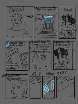 anthro bangs black_hair choker clothed clothing dialogue duo ear_piercing ear_ring facial_piercing hair jewelry male necklace nose_piercing nose_ring piercing ponytail ring_piercing speech_bubble text topwear kitiroshi 3:4 comic english_text hi_res monochrome