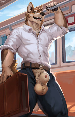 5_fingers animal_genitalia animal_penis anthro ball_tuft balls balls_through_fly biped bottomwear canine_genitalia canine_penis casual_exposure claws clothed clothed_anthro clothed_male clothing cloud day finger_claws fingers front_view genitals green_eyes handpaw holding_object knot knotted_penis looking_at_viewer male open_bottomwear open_clothing open_mouth open_pants pants paws penis public public_exposure public_transportation sheath sheath_through_fly shirt sky solo standing teeth tongue topwear train tuft vehicle juiceps yokai_the_wolf canid canine canis mammal wolf 2025 digital_drawing_(artwork) digital_media_(artwork) hi_res