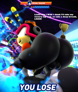 anthro award balls big_butt black_body black_skin butt dialogue duo game_over gameplay_mechanics genitals huge_butt imminent_facesitting male male/male penis presenting presenting_hindquarters rivals solo_focus text trophy young doommusk sega sonic_racing:_crossworlds sonic_the_hedgehog_(series) charmy_bee ape arthropod bee chimpanzee haplorhine hymenopteran insect mammal pan_(genus) primate 3d_(artwork) absurd_res blender_(artwork) digital_media_(artwork) english_text hi_res
