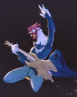 anthro beak belt black_background black_belt blue_body blue_bottomwear blue_clothing blue_pants bottomwear cheek_tuft chest_tuft clothed clothing electric_guitar eyes_closed facial_tuft guitar holding_guitar holding_musical_instrument holding_object kneeling logo male musical_instrument neck_tuft open_mouth pants pink_tongue playing_guitar playing_music plucked_string_instrument rocking_out simple_background solo string_instrument tongue tongue_out topless tuft white_body yellow_beak lostgoose kecha_(character) avian bird chicken galliform phasianid 2021 4:5 artist_logo dated hi_res signature